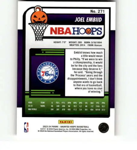 2023-24 Panini Hoops Haunted Orange Joel Embiid Basketball Trading Card NM-MT 76ers