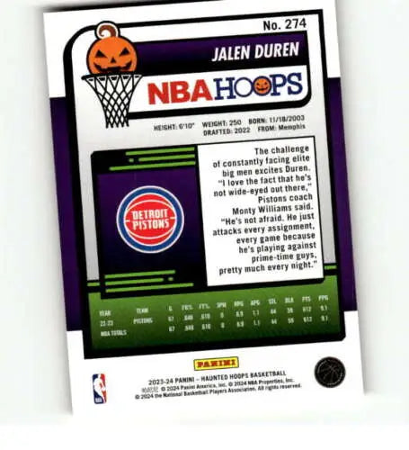 Jalen Duren 2023-24 Panini Hoops Haunted Orange basketball card in NM-MT condition