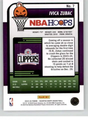 Ivica Zubac basketball card from 2023-24 Panini Hoops Haunted Orange, NM-MT Clippers