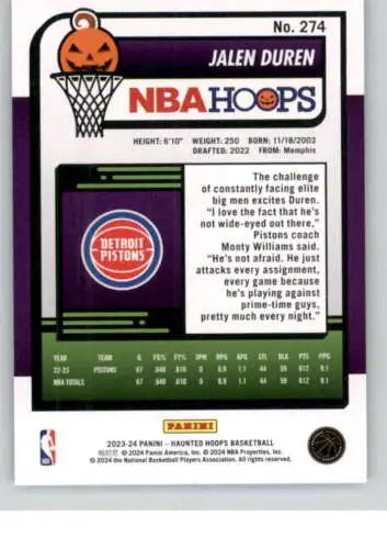 2023-24 Panini Hoops Haunted Slime #274 Jalen Duren basketball card original gloss