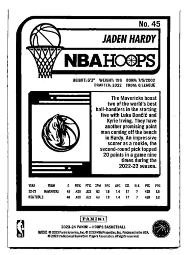 Jaden Hardy NBA Hoops basketball card, 2023-24 Panini Hoops Purple, original gloss quality