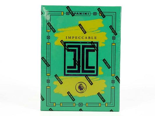 Green Panini Impeccable Premier League trading card box featuring black patterns and yellow accents