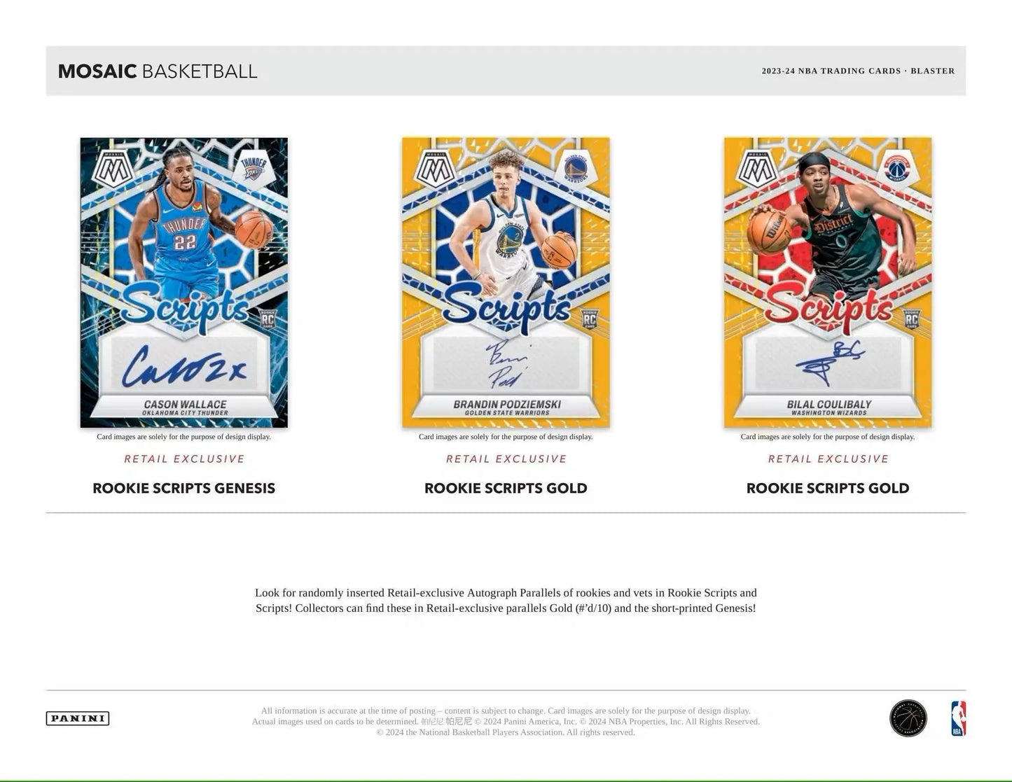 Three autographed basketball trading cards in blue, white, and gold from Panini Mosaic