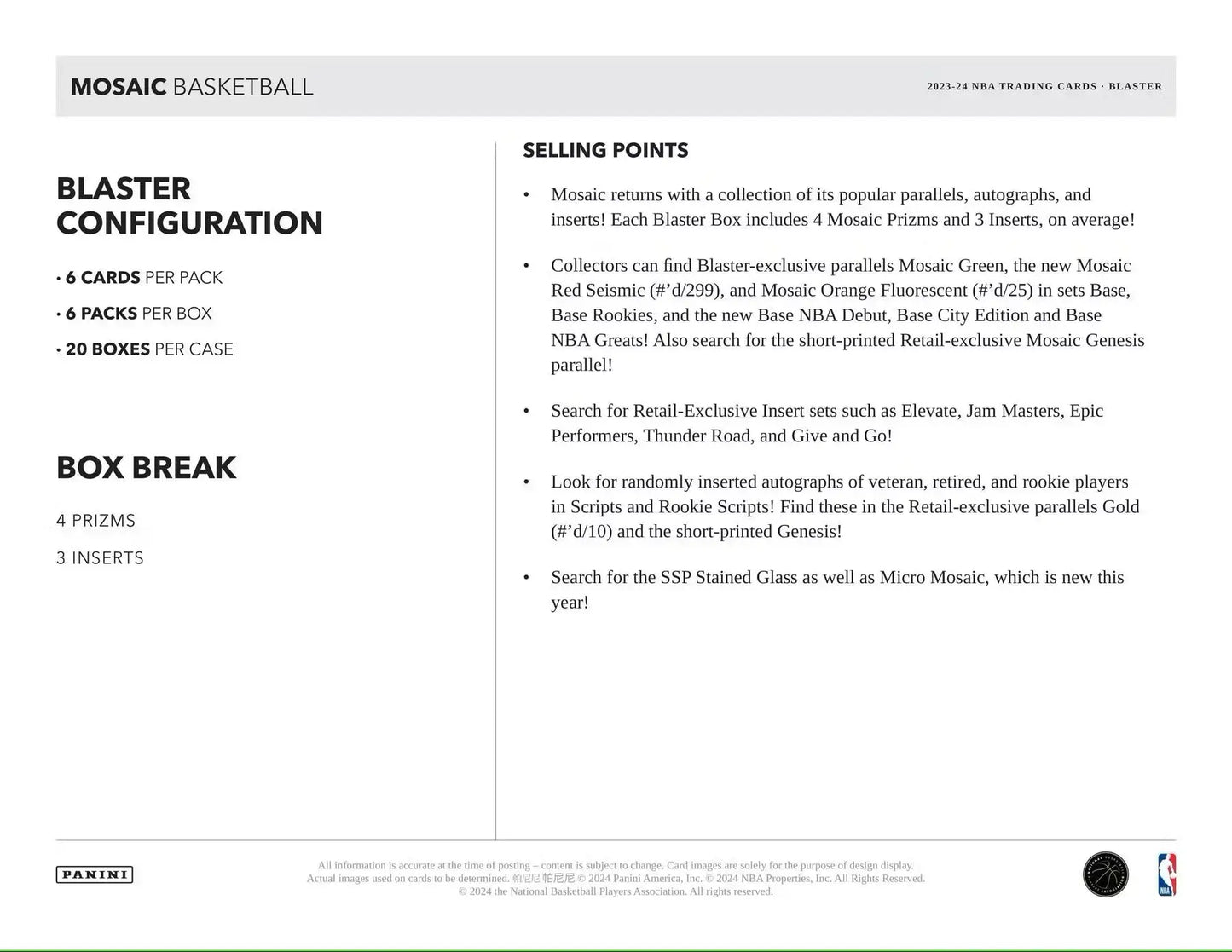 Product information sheet for 2023/24 Panini Mosaic Basketball Blaster Box configuration