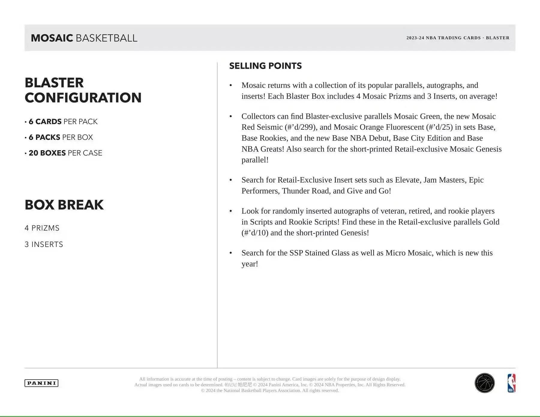 Product information sheet for 2023/24 Panini Mosaic Basketball Blaster Box configuration