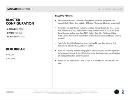 Product information sheet for 2023/24 Panini Mosaic Basketball Blaster Box configuration