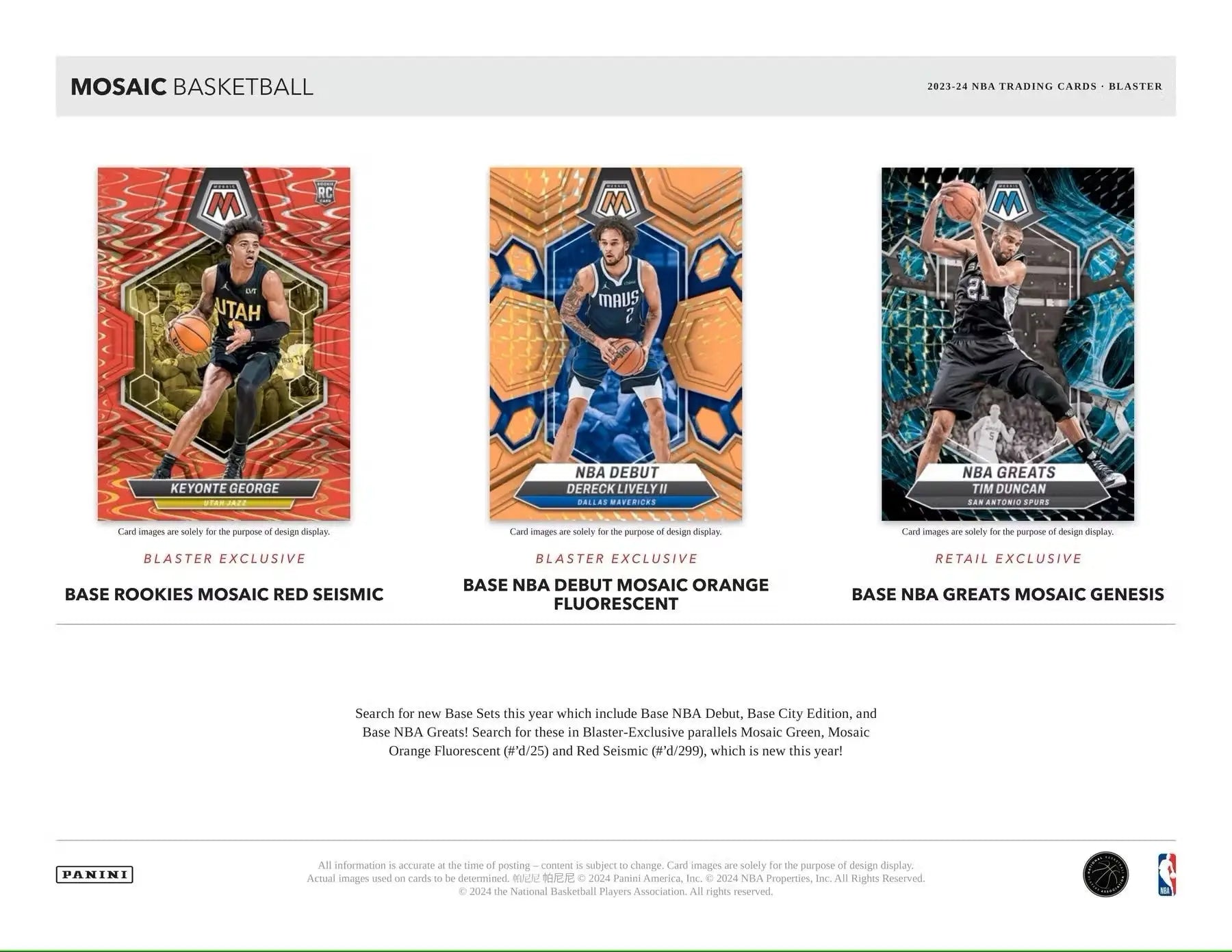 Three colorful Panini Mosaic Basketball trading cards featuring NBA players