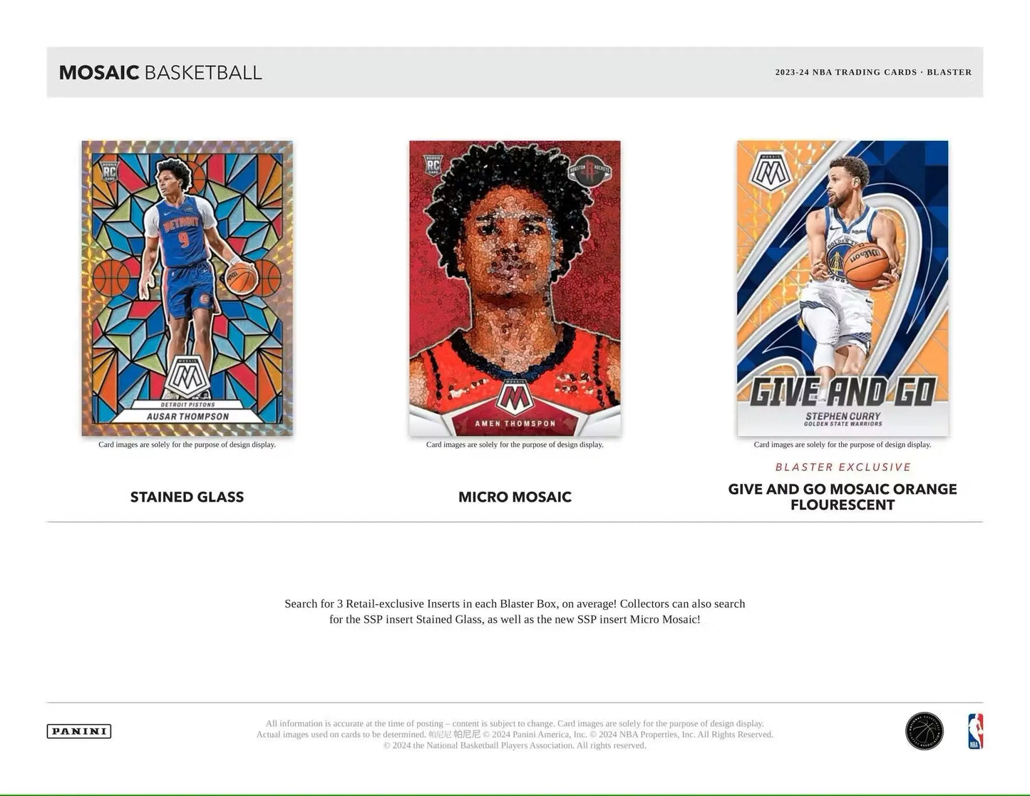 Three artistic basketball trading cards in a 2023/24 Panini Mosaic Basketball Blaster Box