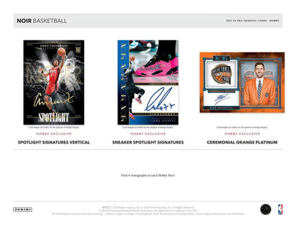 Product catalog showcasing three Noir Basketball memorabilia cards from Panini