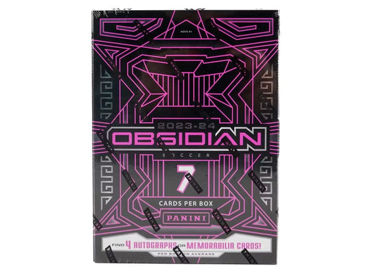 Black box with pink patterns and OBSIDIAN text for Panini Obsidian Soccer hobby box