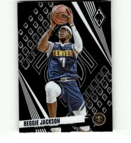 Basketball trading card of Reggie Jackson in Navy Blue Nuggets uniform, Panini Phoenix original gloss