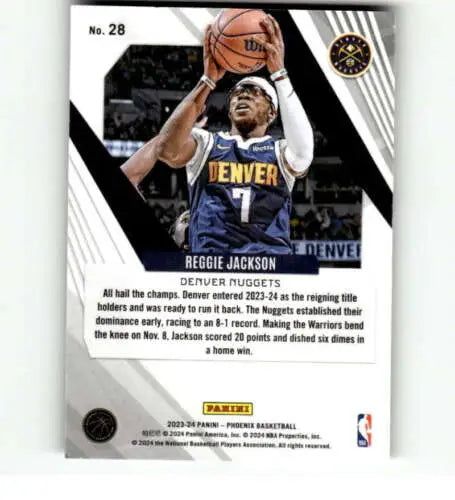 Basketball trading card of Reggie Jackson in navy blue Denver Nuggets jersey, Panini Phoenix