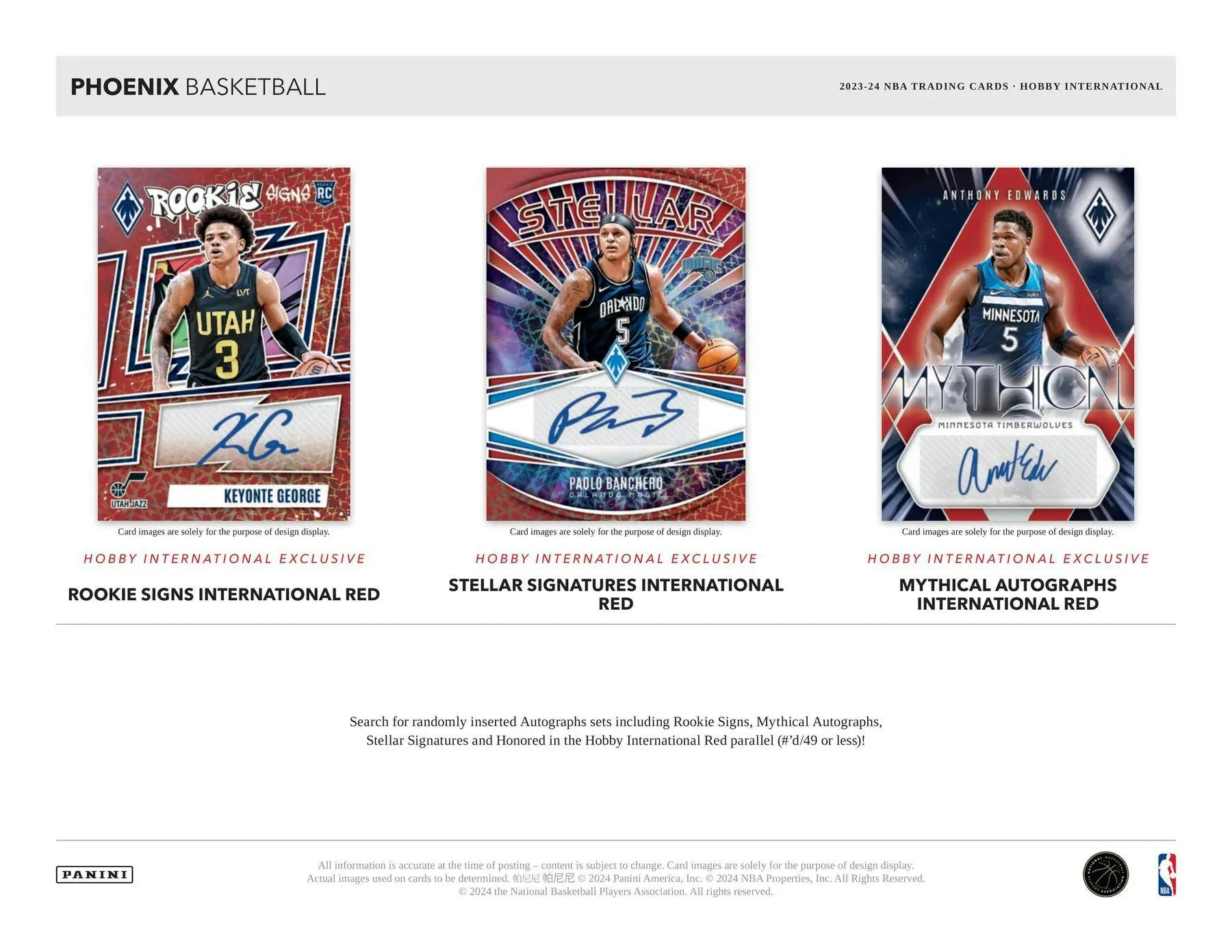 Marketing sell sheet of 2023-24 Panini Phoenix Basketball International Hobby Box with rookie signs