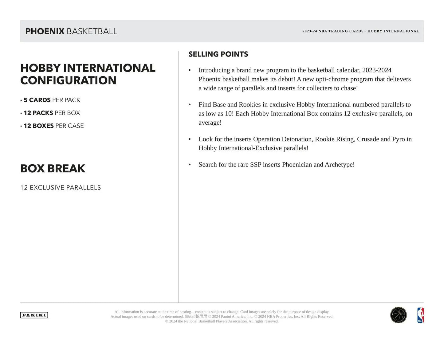 Product information sheet for 2023-24 Panini Phoenix Basketball Hobby International cards with exclusive parallels and rookie signs