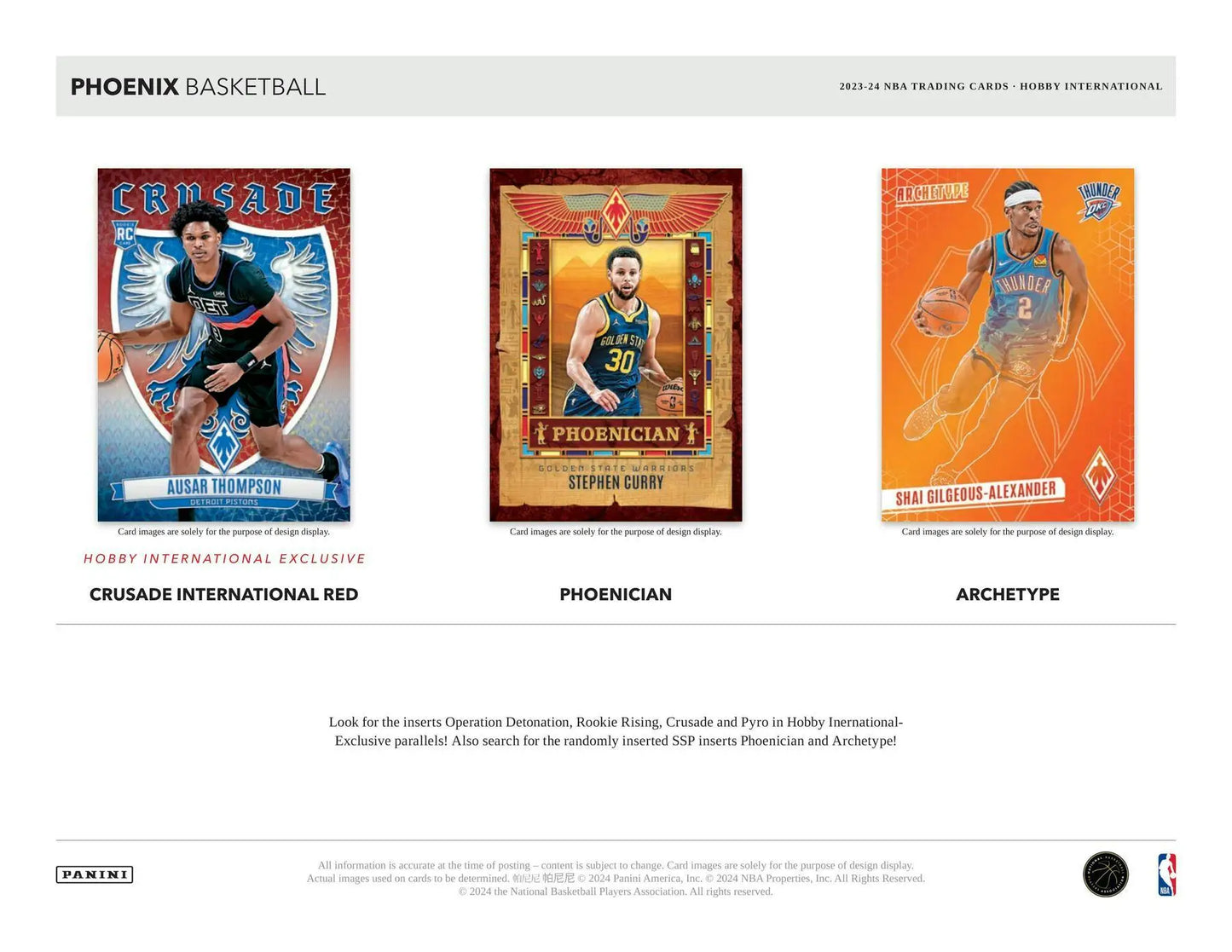 Three Phoenix Suns trading cards showcasing exclusive parallels from the 2023-24 Panini Hobby International Box