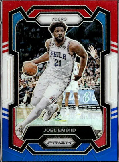 Basketball trading card of Joel Embiid in 2023-24 Panini Prizm Prizms Blue Wave