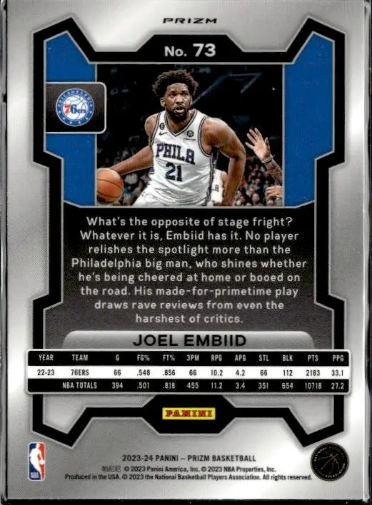 Basketball trading card of Joel Embiid in Panini Prizm Prizms Blue Wave, jersey 21