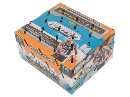 Trading card box with orange and blue design showcasing two autographs and ten prizms