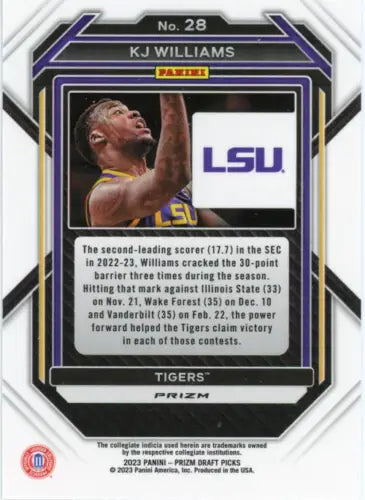 Basketball card back of 2023-24 Panini Prizm Draft Picks KJ Williams LSU Tigers Card