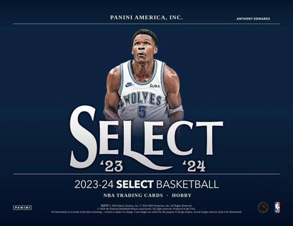 2023-24 Panini Select Basketball Hobby Box logo featuring memorabilia cards and base Premier Level design