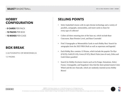 Product information sheet for 2023-24 Panini Select Basketball Hobby Box features base Premier Level and memorabilia cards