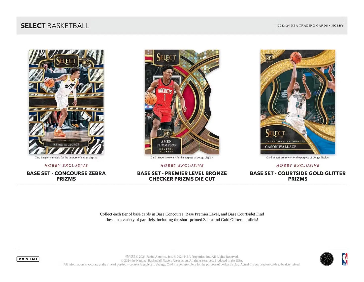 Three basketball trading cards showcasing NBA players in action from 2023-24 Panini Select Basketball Hobby Box