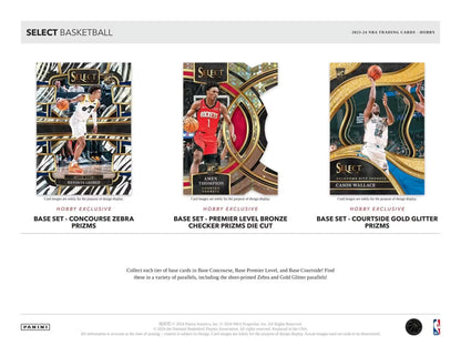 Three basketball trading cards showcasing NBA players in action from 2023-24 Panini Select Basketball Hobby Box