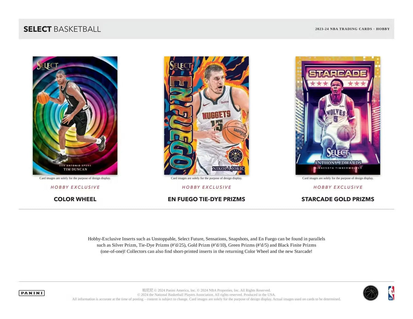 Three NBA trading cards with colorful designs from 2023-24 Panini Select Basketball set