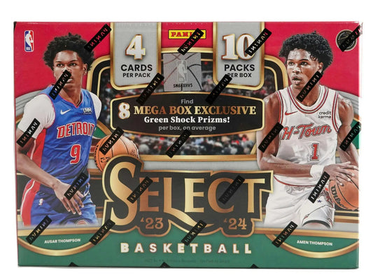 2023-24 Panini Select NBA Mega Box with Detroit Pistons cover and Green Shock Prizms