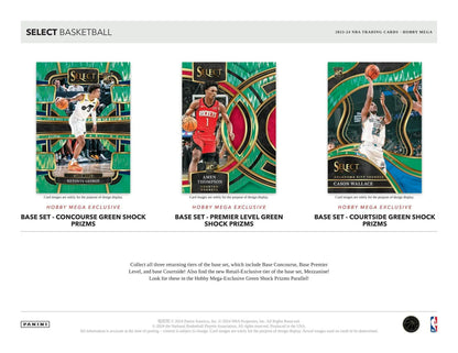 Three basketball trading cards featuring green shock prizms and geometric designs