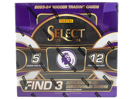 2023-24 Panini Select Premier League Soccer Hobby Box with purple and gold design