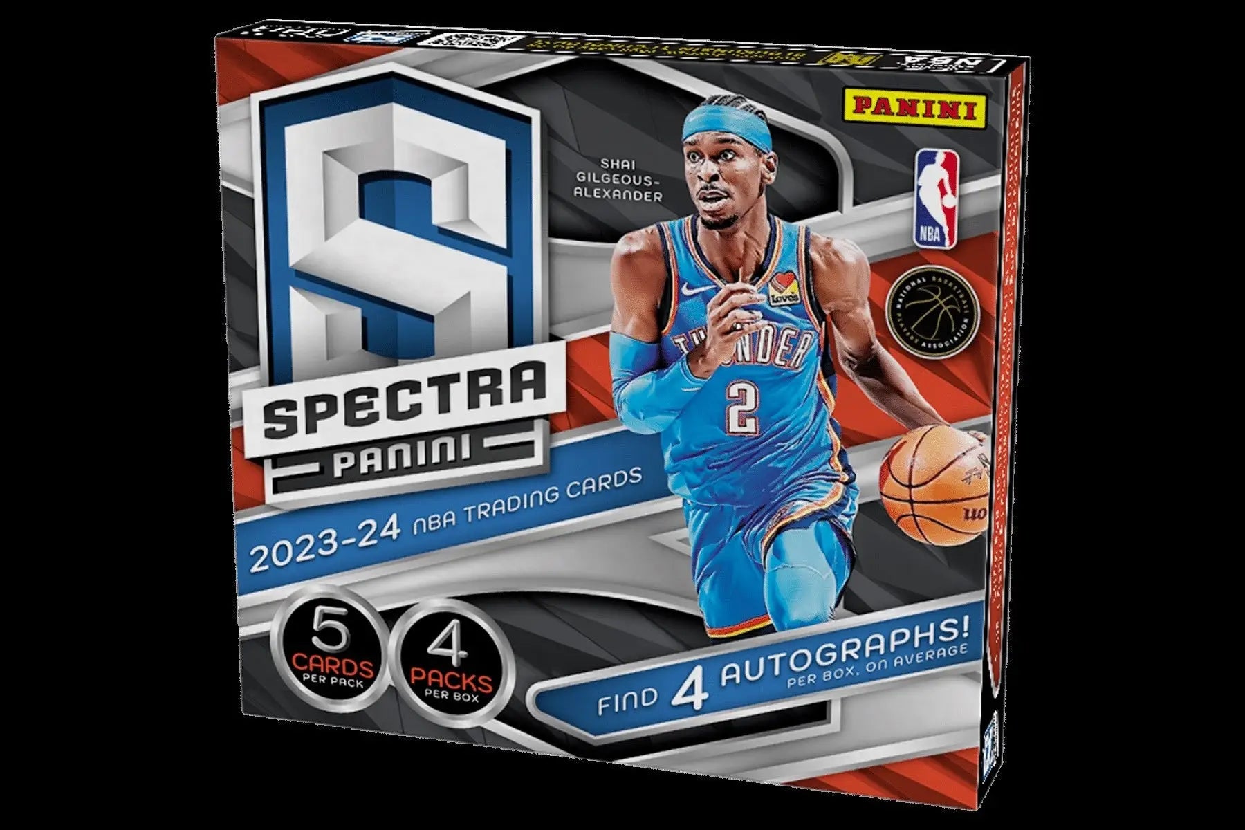 2023-24 Panini Spectra Basketball Hobby Box with player in light blue uniform and trading cards