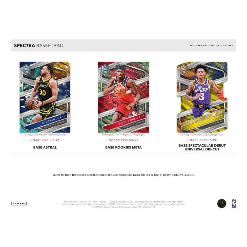 Product advertisement for 2023-24 Panini Spectra Basketball Hobby Box featuring trading cards