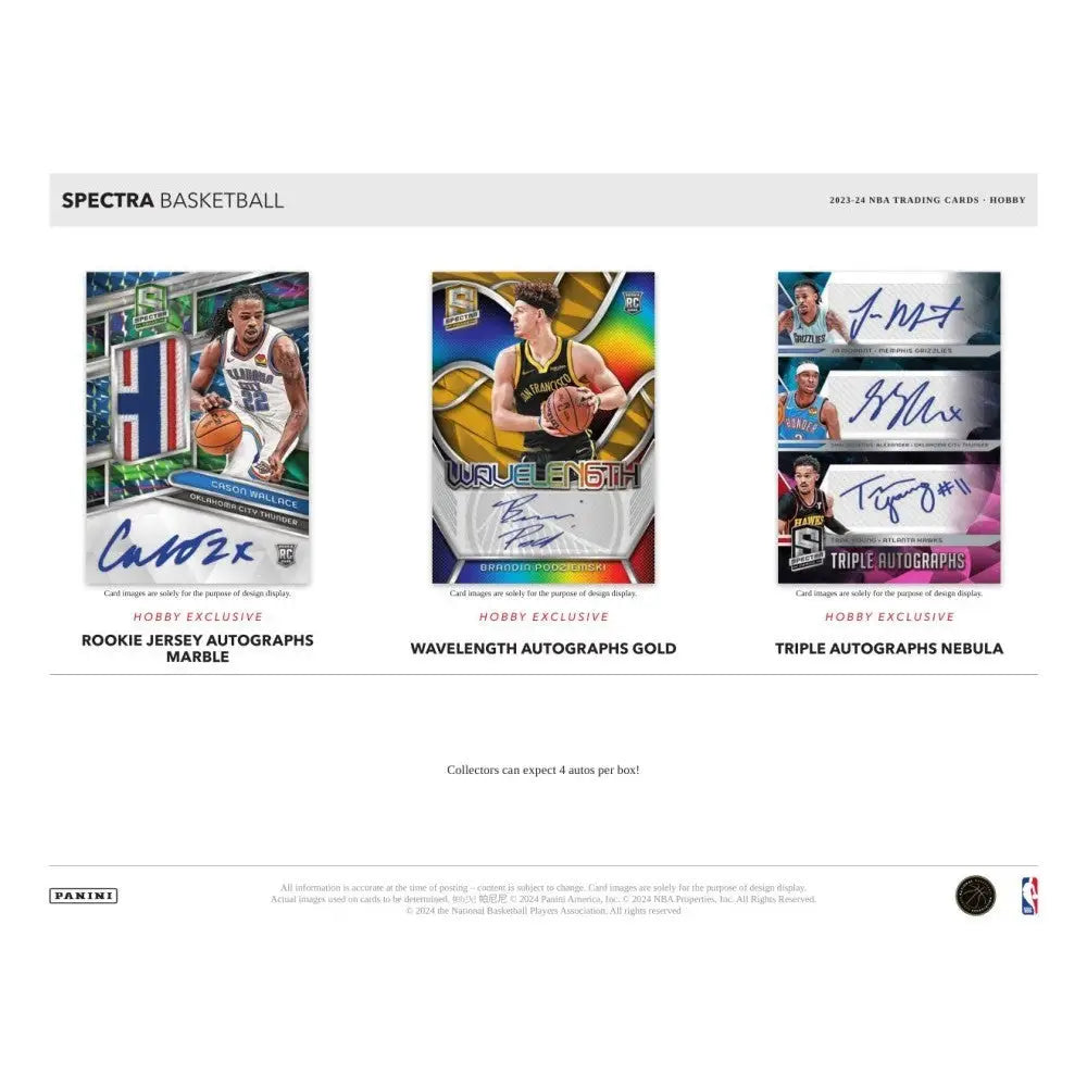 Product advertisement for 2023-24 Panini Spectra Basketball trading cards with autographed examples