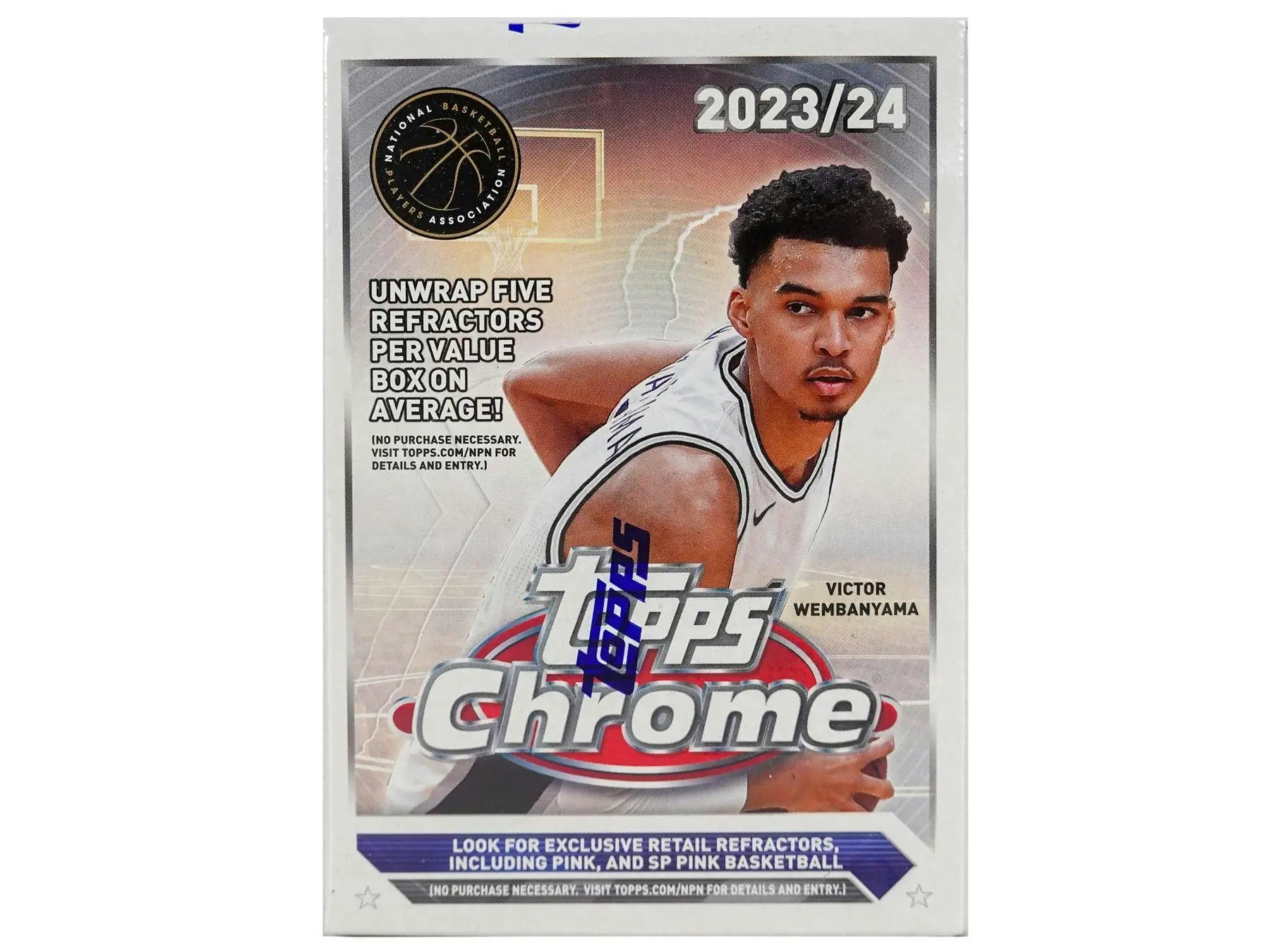 2023-24 Topps Chrome Basketball Blaster Box featuring Sudden Impact player in white jersey