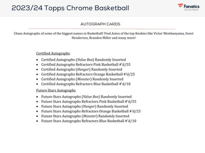 Product information card listing autograph details for 2023-24 Topps Chrome Basketball Hanger Box