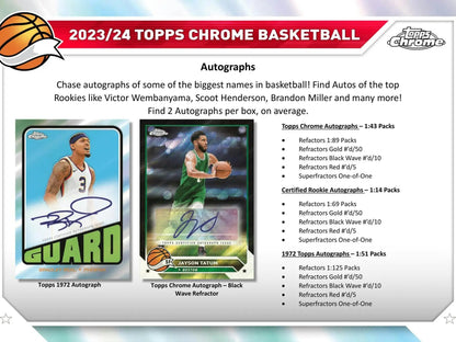 2023-24 Topps Chrome Basketball Hobby Box showcasing autograph cards and pack odds featuring superfractors one-of-one