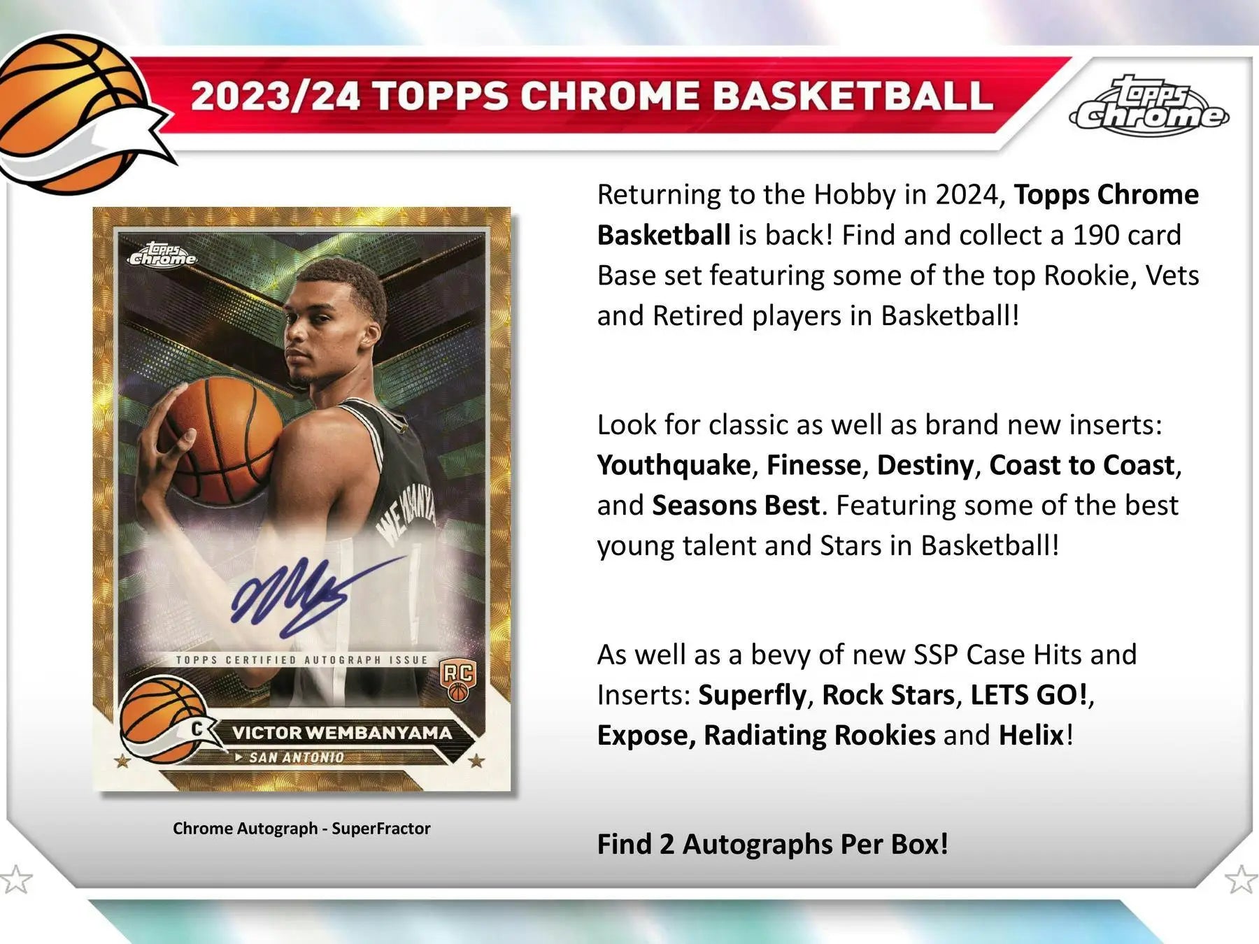 Advertisement card for 2023/24 Topps Chrome Basketball, featuring base refractors and superfractors