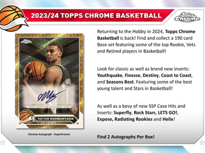 Advertisement card for 2023/24 Topps Chrome Basketball, featuring base refractors and superfractors