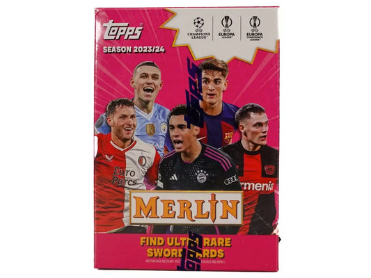 2023-24 Topps Chrome Merlin soccer trading card box with refractor parallel players cover