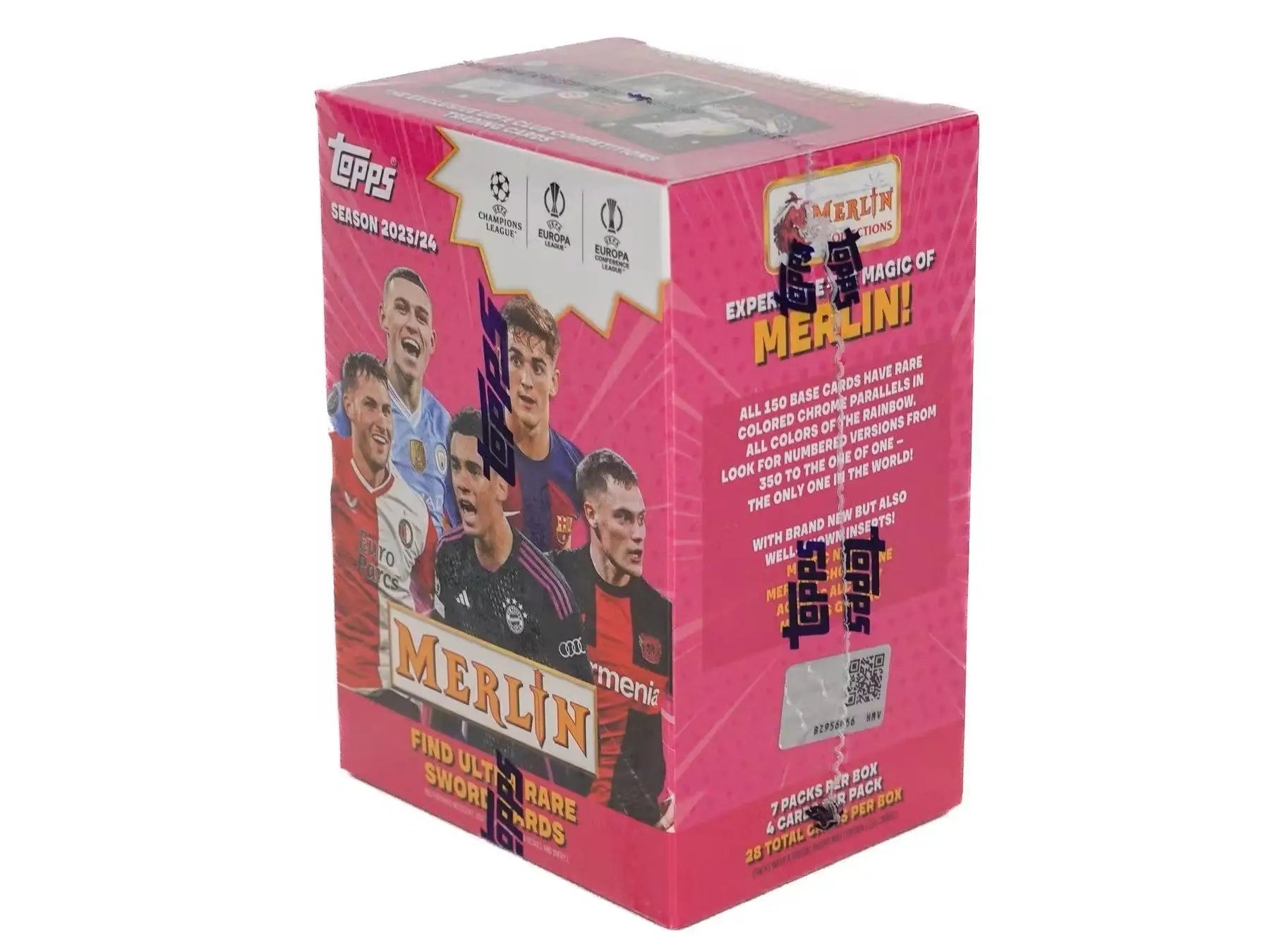 Pink trading card box showcasing soccer players from 2023-24 Topps Chrome Merlin UEFA