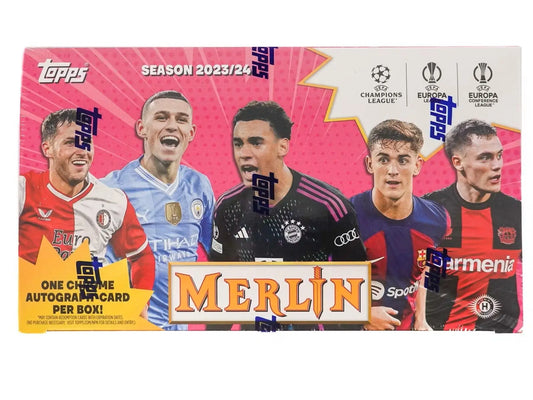 Topps Chrome Merlin UEFA Club Competitions Hobby Box with refractor parallel on pink background