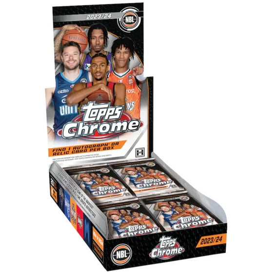 Display box of 2023-24 Topps Chrome NBL Australian Basketball trading cards featuring big city ballers