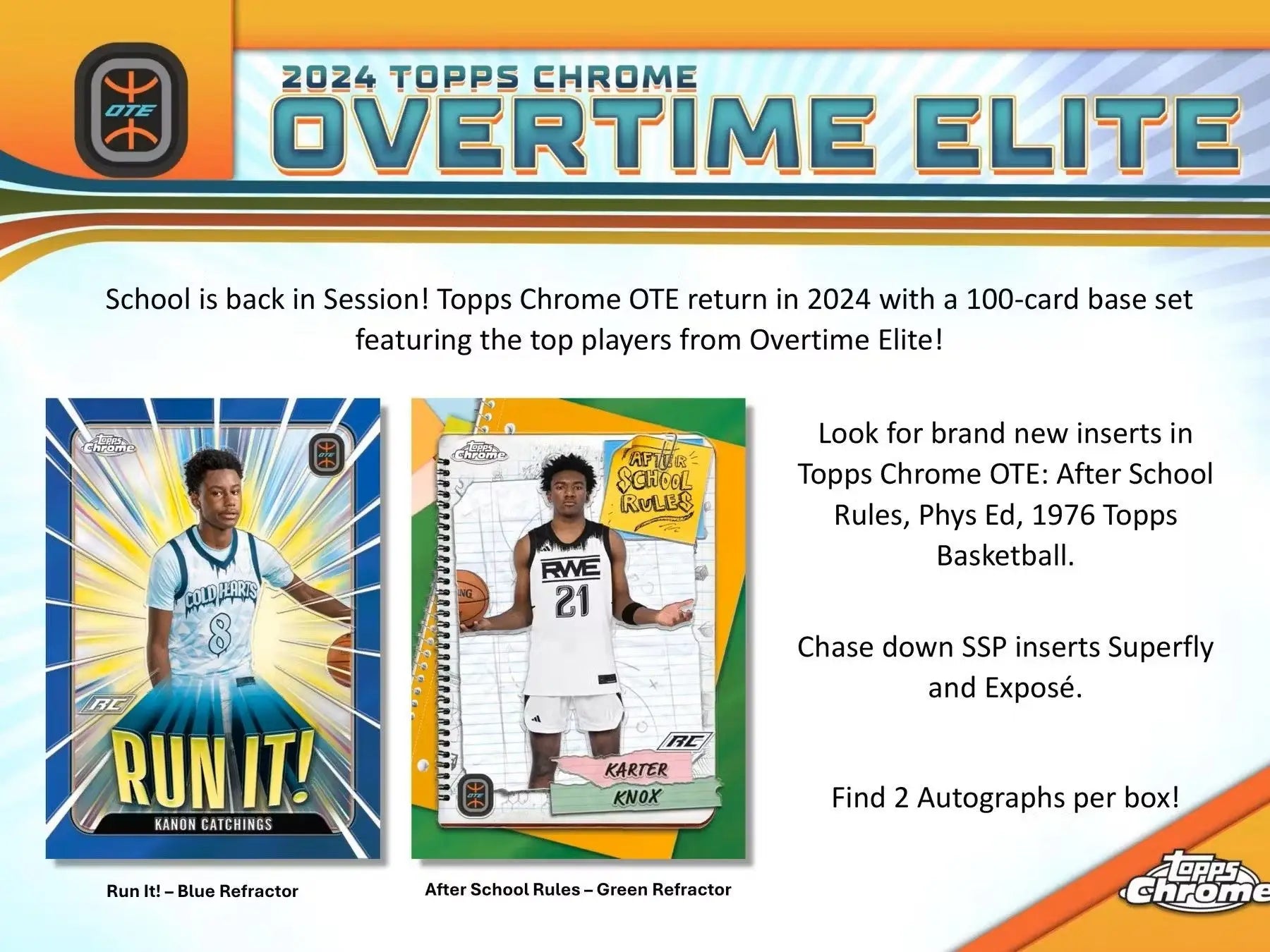 Advertisement for 2024 Topps Chrome Overtime Elite Basketball cards featuring refractors red