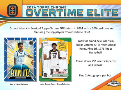 Advertisement for 2024 Topps Chrome Overtime Elite Basketball cards featuring refractors red