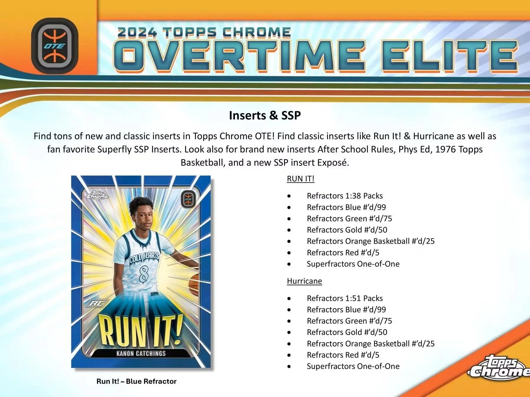 Overtime Elite basketball card design with player in blue uniform and yellow sunburst background, featuring rare Refractors