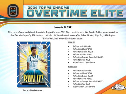 Overtime Elite basketball card design with player in blue uniform and yellow sunburst background, featuring rare Refractors