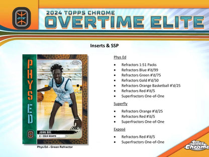 Product information card for 2023-24 Topps Chrome Overtime Elite with insert and parallel options