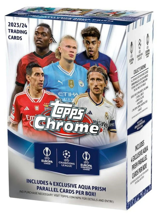 2023-24 Topps Chrome UEFA Champions League trading cards box with multiple players