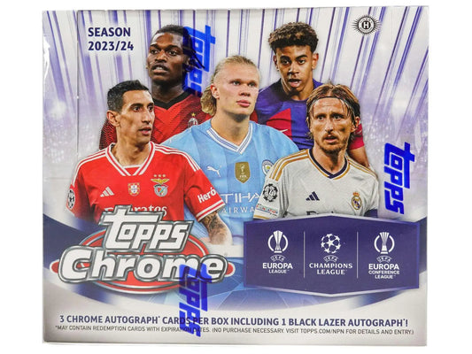 2023-24 Topps Chrome UEFA Champions League box with refractor parallel players cover